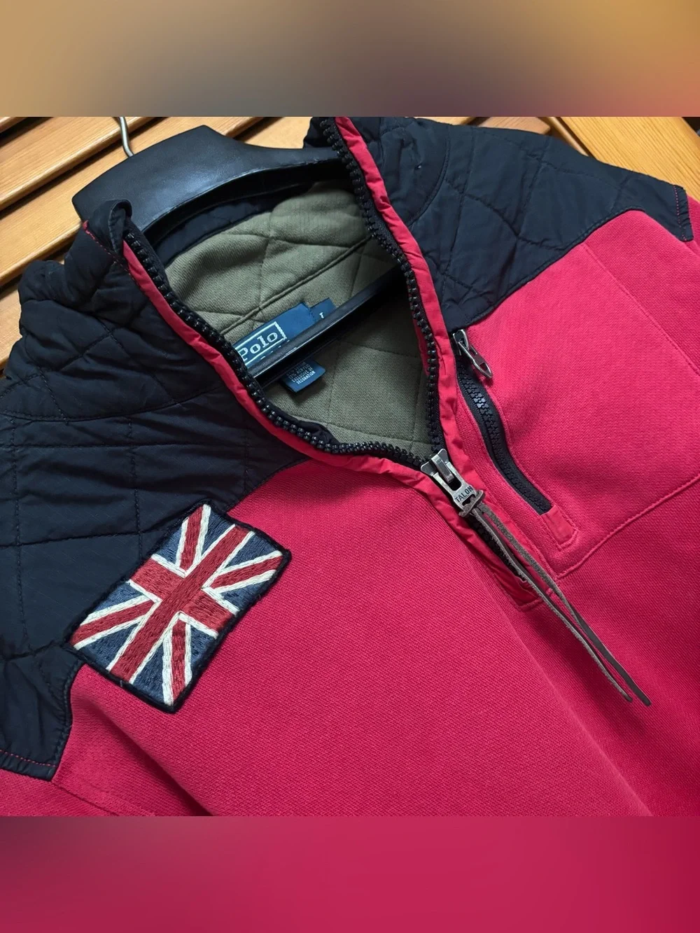 Polo Ralph Lauren Red Black Great Britain 1/4 Zip Pullover Jacket Coat Large